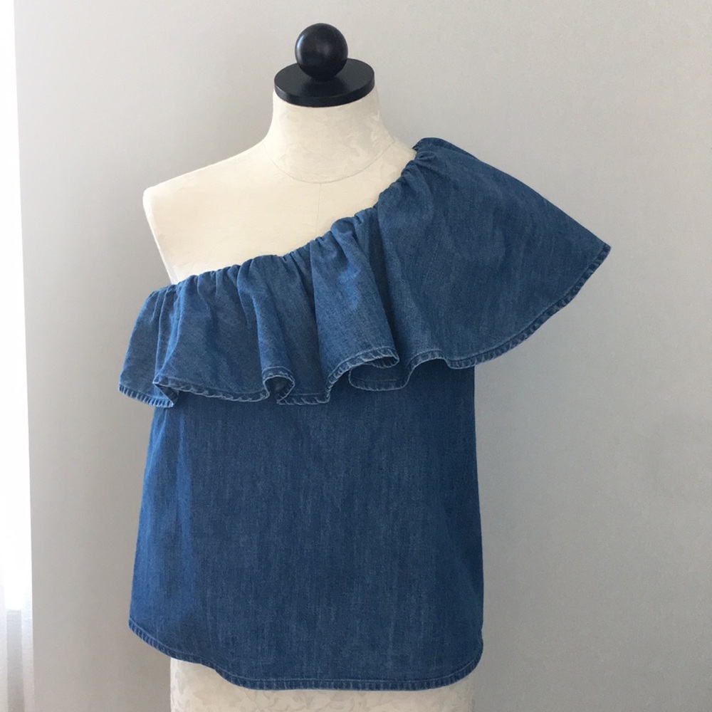 Gap Denim Asymmetrical One Shoulder Ruffle Top - Picture 2 of 6